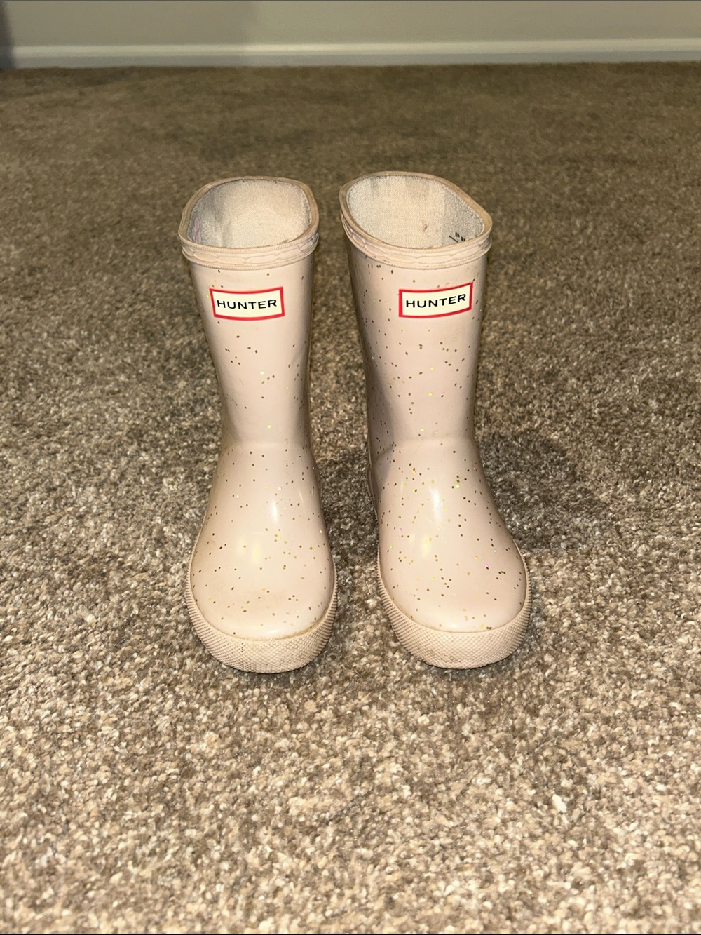 Hunter Kids Beige Pink Glitter Rubber Rain Boots